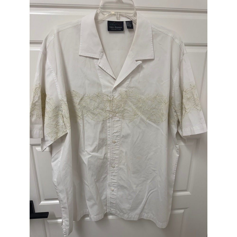 Greg Norman Collection Mens Cream White Embroidered Bamboo Leaf Camp Shirt Large